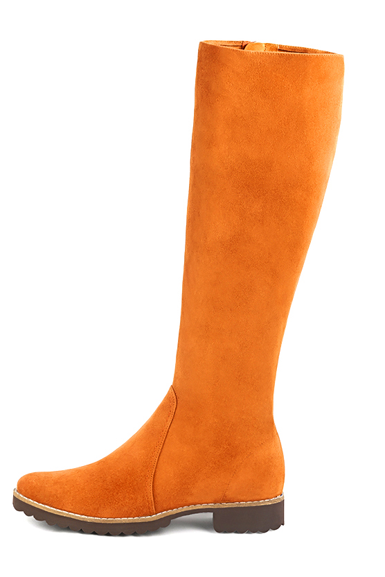Apricot orange women's riding knee-high boots. Round toe. Flat rubber soles. Made to measure. Profile view - Florence KOOIJMAN
